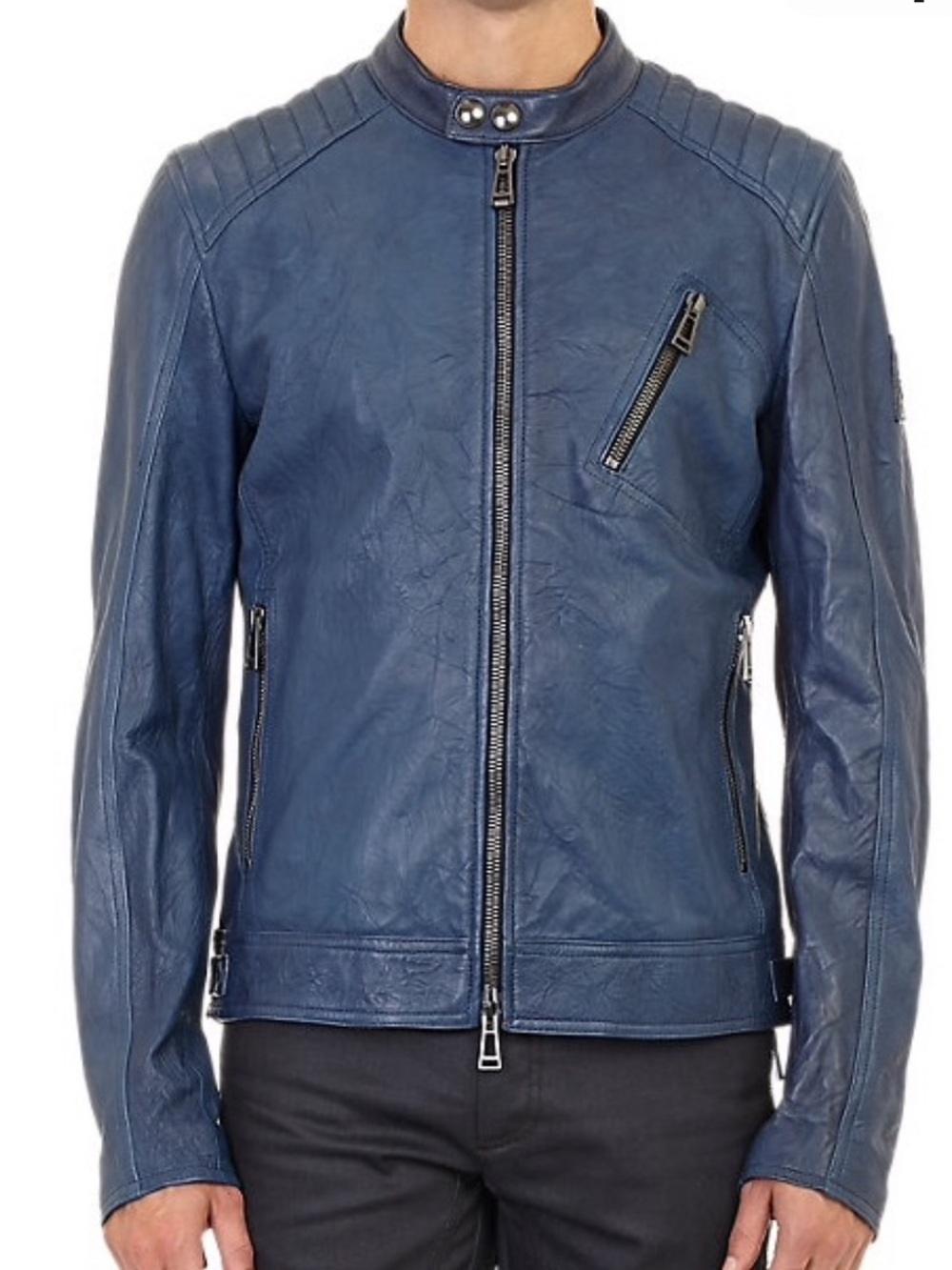 Belstaff Navy Blue Slim-Straight Leather Jacket